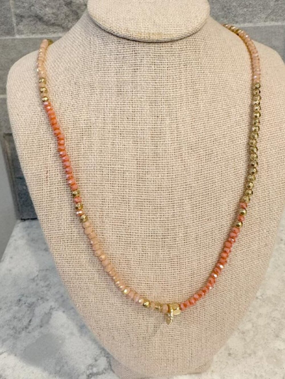 Gold Salmon Pink Crystal Beaded Stretch Necklace or Bracelet